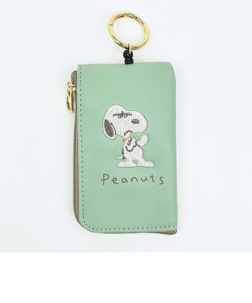 スヌーピー キーパスポーチ 刺繍 グリーン 定期入れ SNOOPY