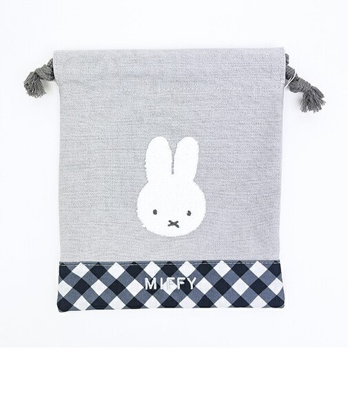 ミッフィー miffy 巾着(M) (グレー) ダイアゴナルチェックシリーズ