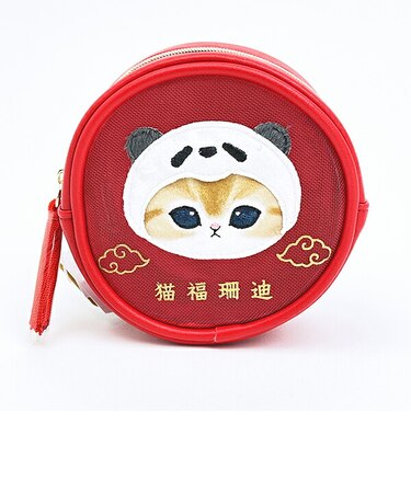 モフサンド パンダにゃん ラウンドメッシュポーチ レッド mofusand