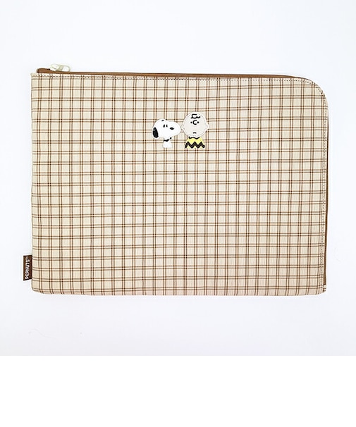 スヌーピー フラットケース ベージュ チェックワッペンシリーズ SNOOPY