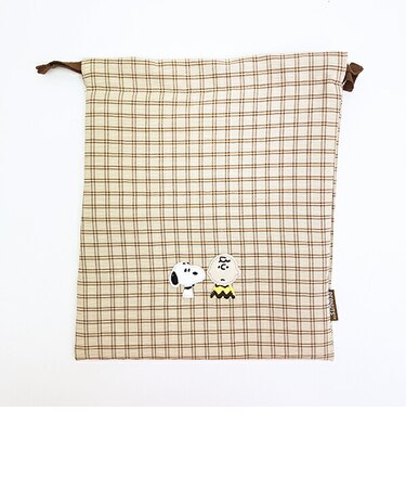 スヌーピー 巾着 ベージュ チェックワッペンシリーズ SNOOPY