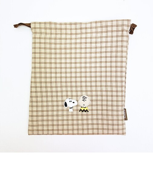 スヌーピー 巾着 ベージュ チェックワッペンシリーズ SNOOPY