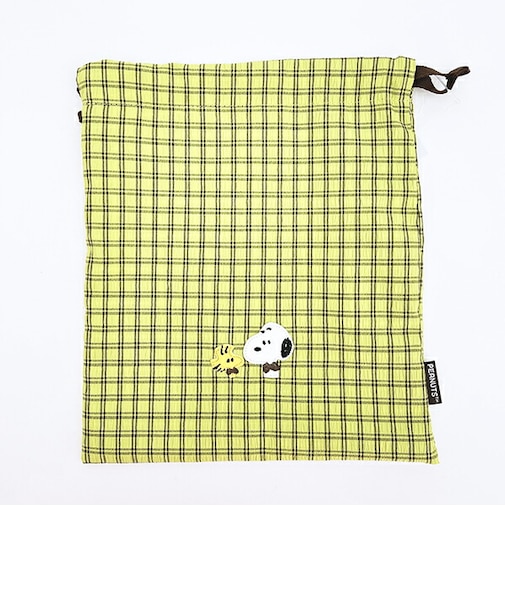 スヌーピー 巾着 グリーン チェックワッペンシリーズ SNOOPY