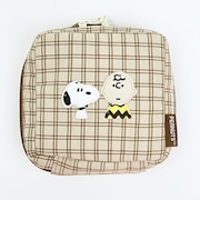 スヌーピー スクエアポーチ ベージュ チェックワッペンシリーズ SNOOPY