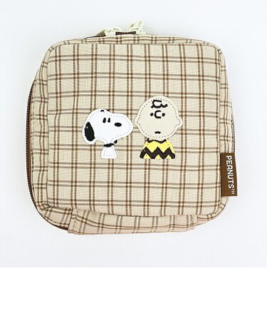 スヌーピー スクエアポーチ ベージュ チェックワッペンシリーズ SNOOPY