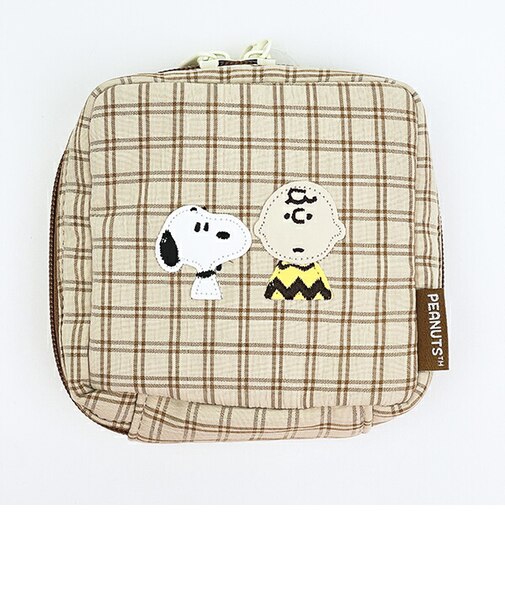 スヌーピー スクエアポーチ ベージュ チェックワッペンシリーズ SNOOPY