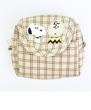 スヌーピー フラップ付きポーチ ベージュ チェックワッペンシリーズ SNOOPY