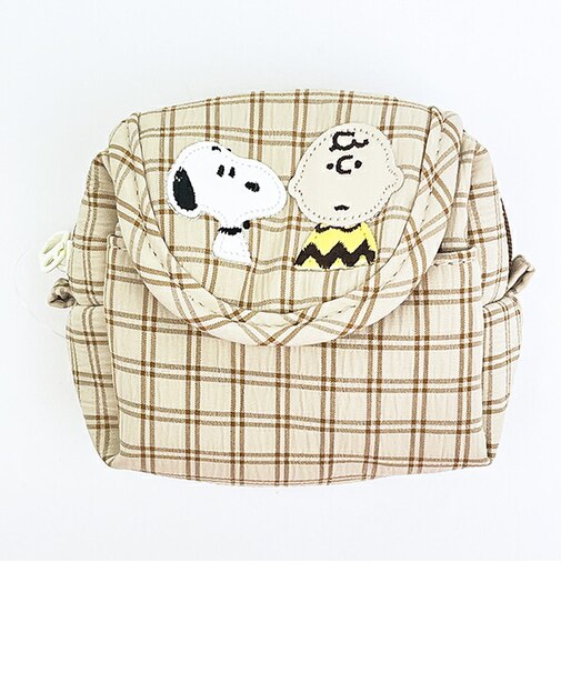 スヌーピー フラップ付きポーチ ベージュ チェックワッペンシリーズ SNOOPY