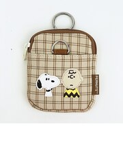 スヌーピー カラビナ付きパス＆ポーチ ベージュ チェックワッペンシリーズ SNOOPY