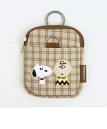 スヌーピー カラビナ付きパス＆ポーチ ベージュ チェックワッペンシリーズ SNOOPY