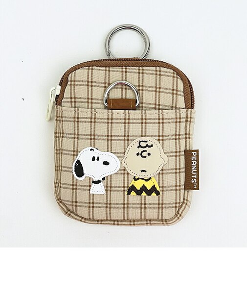 スヌーピー カラビナ付きパス＆ポーチ ベージュ チェックワッペンシリーズ SNOOPY