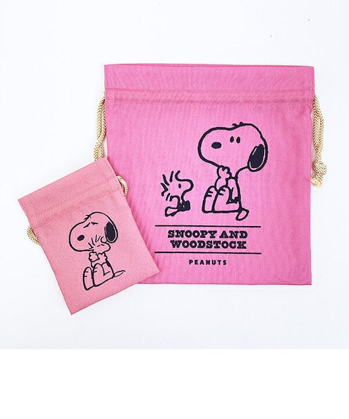 スヌーピー ウッドストック 巾着＆豆巾着セット (ピンク) 日本製 SNOOPY