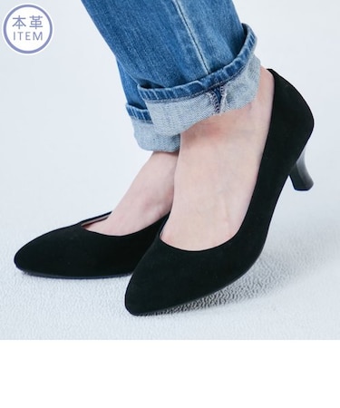  本革スエードミドルヒールパンプス★R-6003