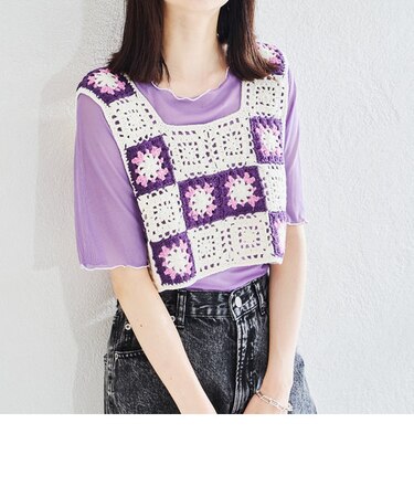 5分袖カラーシアーメッシュトップス