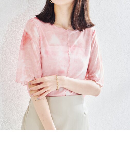 5分袖カラーシアーメッシュトップス