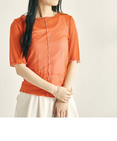 5分袖カラーシアーメッシュトップス