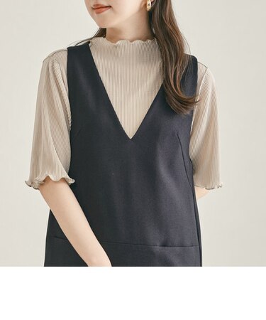 2waｙハイネックメロープリーツ5分袖トップス