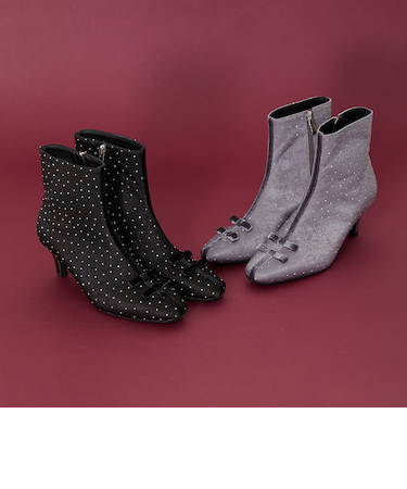 リボンモチーフラインストーンヒールブーツ/41436