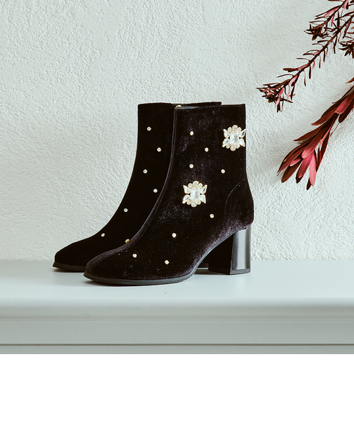 ビジュー×ラウンドトゥベロアブーツ/41418