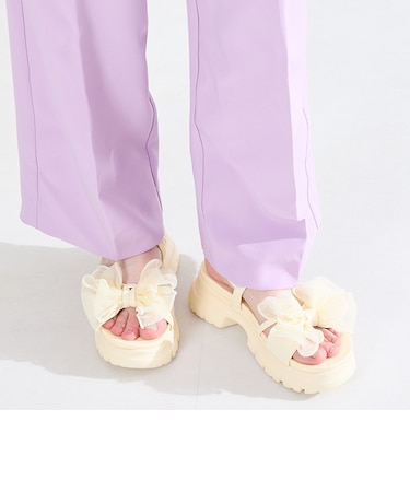 シアーリボン×パール厚底サンダル/61210