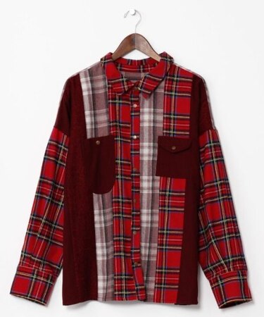 【チャイハネ】チェックパッチワークシャツ