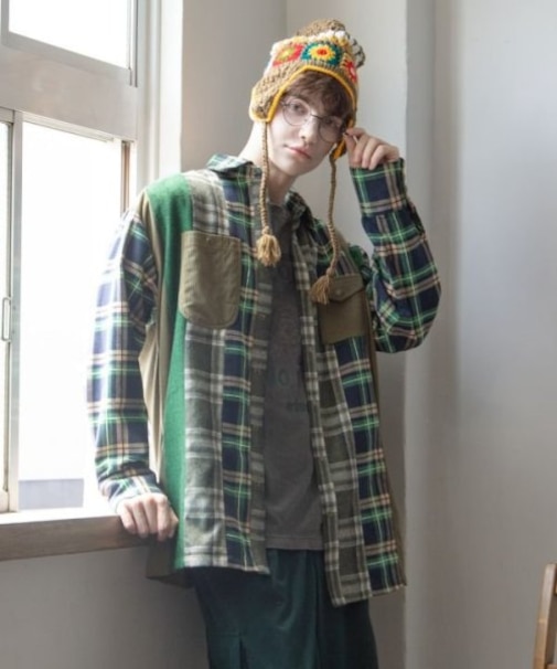 【チャイハネ】チェックパッチワークメンズシャツ