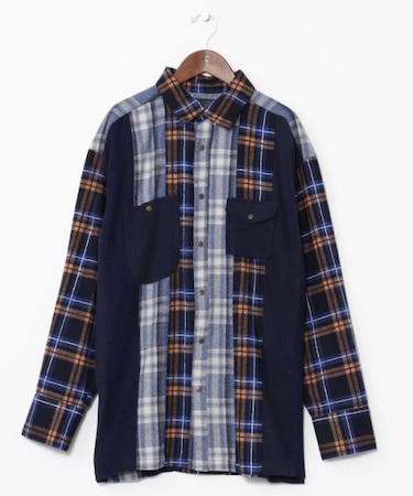 【チャイハネ】チェックパッチワークメンズシャツ