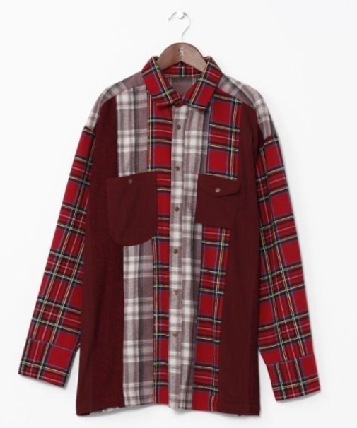 【チャイハネ】チェックパッチワークメンズシャツ