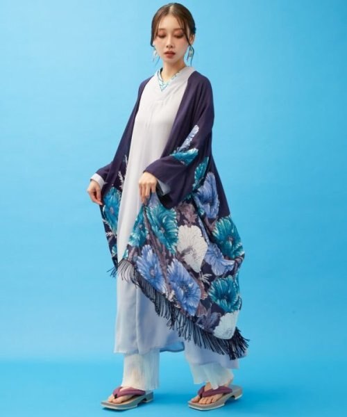カヤ】花の趣 羽織 袴 青色 ホワイト ネイビー 花柄 洗える着物 【公式 