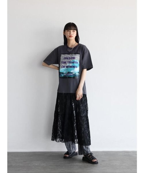 グラフィックプリントレースドッキングワンピース(black
