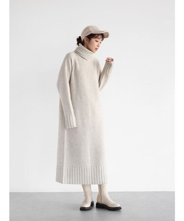 ミックスカラータートルネックニットワンピース
