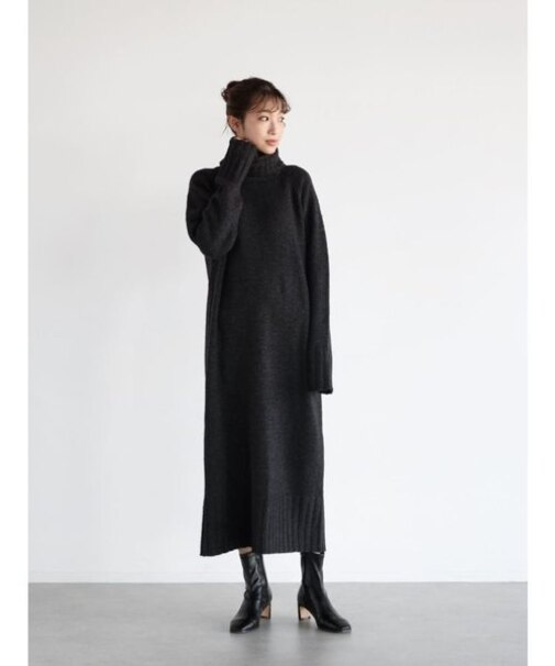ミックスカラータートルネックニットワンピース