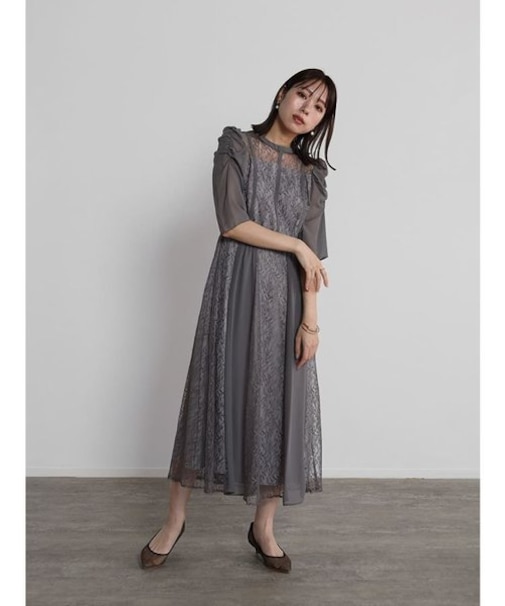 ボリュームショルダーバイカラードレス(light green,light yellow,light gray)