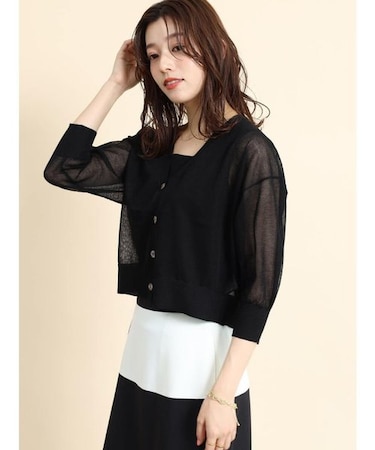 シアー パフスリーブVネックカーディガン