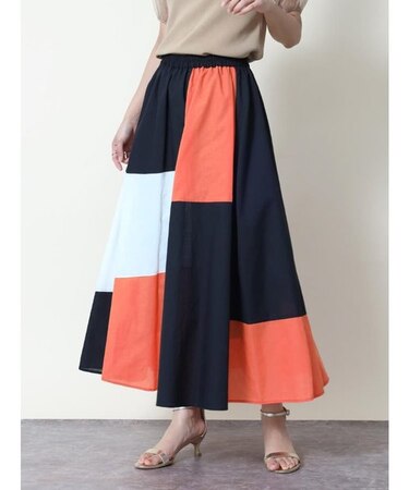 コットンミックスカラー配色パネルスカート
