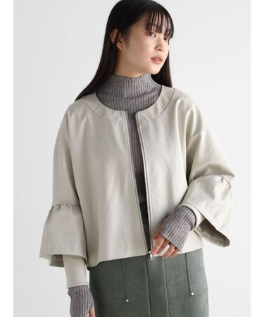フェイクレザーフリルスリーブショートブルゾン
