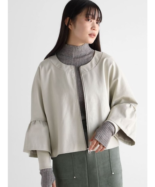 フェイクレザーフリルスリーブショートブルゾン