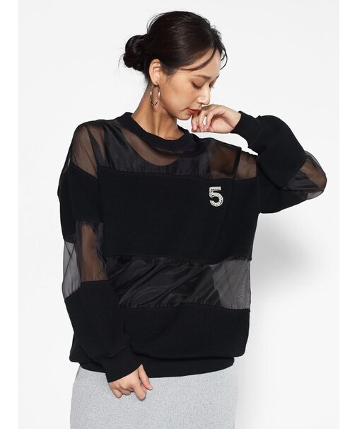 ビジューナンバー異素材ドッキングプルオーバー