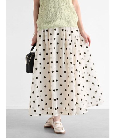 フロッキードットメッシュフレアスカート