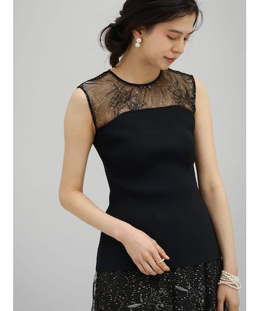 フラワー刺繍チュールドッキングリブニット