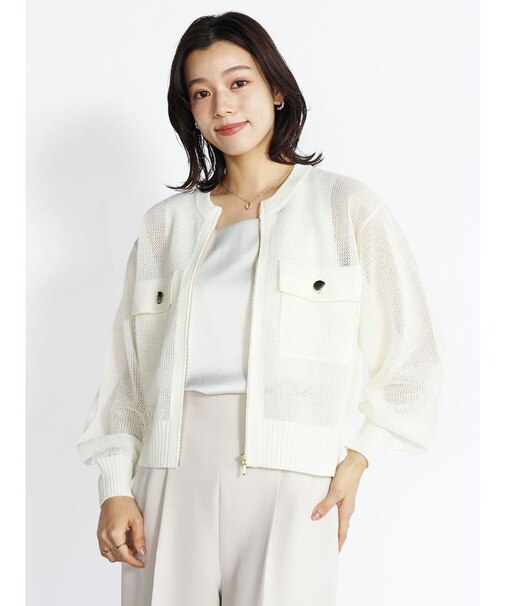 透かし編みニットジップカーディガン