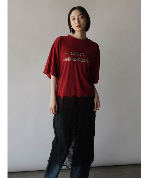 箔ロゴプリントレースドッキングワンピース