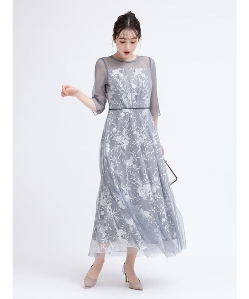 チュールレイヤードフラワー刺繍ドレス