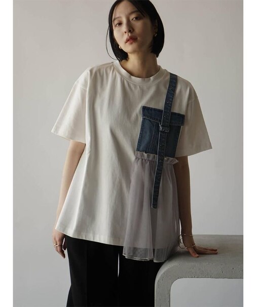 デニム×チュールドッキングポケットTシャツ