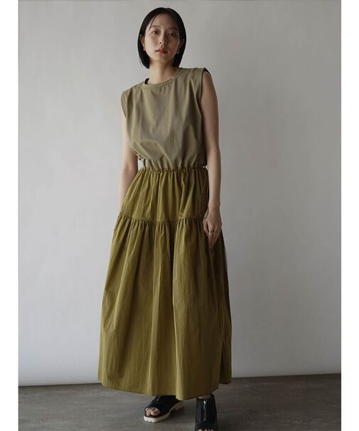 異素材切り替えティアードワンピース