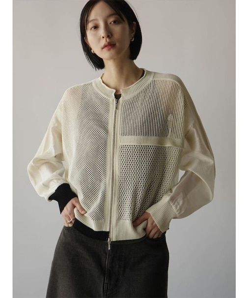 メッシュ×シアー配色ダブルジップブルゾン