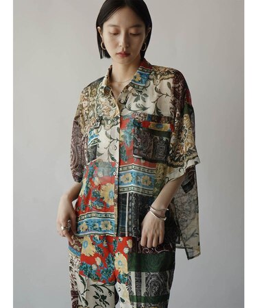 パッチワークプリントシアーシャツ