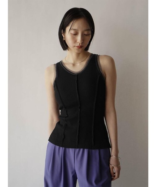 チュールトリミングリブタンクトップ