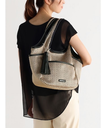 レザーパイピングメッシュトートバッグ