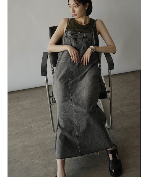 アシメフロントデニムジャンパースカート（light gray